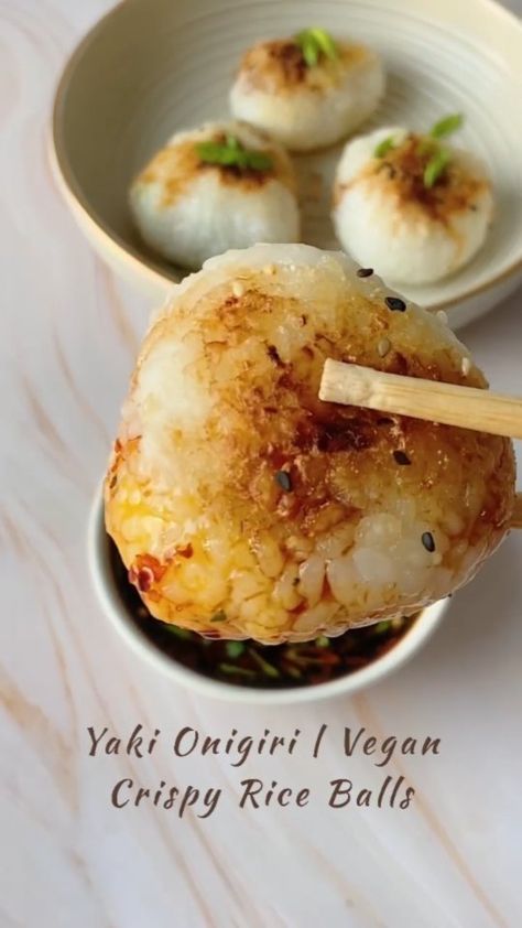 Vegan | Healthy | Recipe’s Instagram profile post: “Yaki Onigiri 🍙 | Japanese Grilled Rice Balls | Vegan Crispy Rice ball stuffed with soy marinated avocado. You can stuff them with…” Marinated Avocado, Grilled Rice Balls, Yaki Onigiri, Short Grain Rice, Grilled Rice, Pan Fry, Crispy Rice, Plant Based Cookbook, Rice Ball