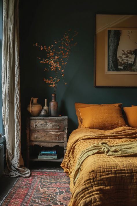 Dark Peaceful Bedroom, Terracotta Colored Bedroom, Unique Room Colors, Accent Colors For Dark Green, Dark Green And Mustard Bedroom, Dark Orange Bedding, Dark Green Attic Bedroom, Earthy Boho Bedroom Paint Colors, Elegant Cozy Bedroom