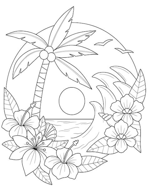 Painting Pages For Adults, Free Adult Coloring Printables Simple, Simple Adult Coloring Pages, Relaxing Illustration, Hell Tattoo, Printable Coloring Pages For Adults, Mindfulness Coloring, Beach Coloring Pages, Summer Drawings