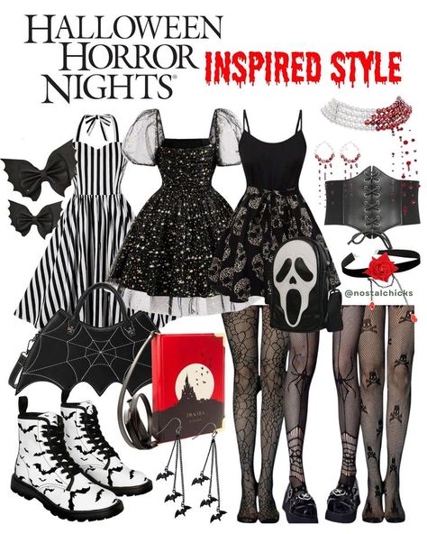 These pieces are perfect for getting into the Halloween spirit Horror Nights Outfit, Halloween Horror Nights Outfit, Scary Clothes, Universal Studios Outfit, 90s Halloween, Horror Themes, Halloween Horror Nights, Theme Dress, Horror Nights