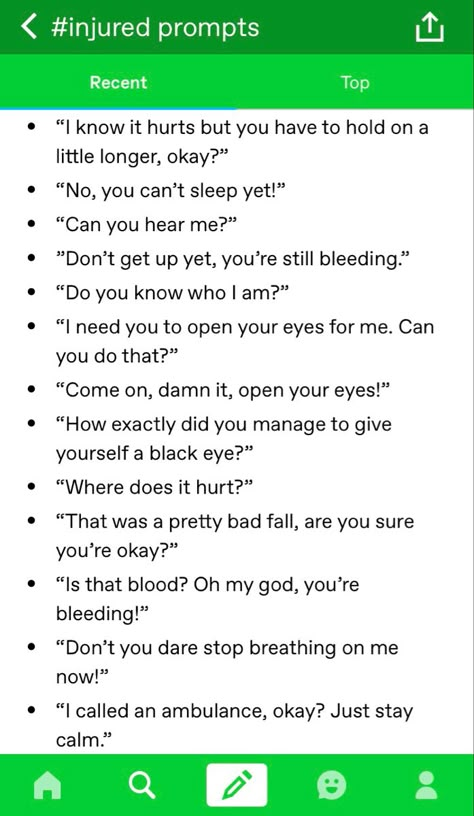 Character Injury Prompts, Story Plot Inspiration, Injured Dialogue Prompts, Injured Writing Prompts, Writing Injuries, Wattpad References, Injury Prompts, Whump Tropes, Story Plot Ideas