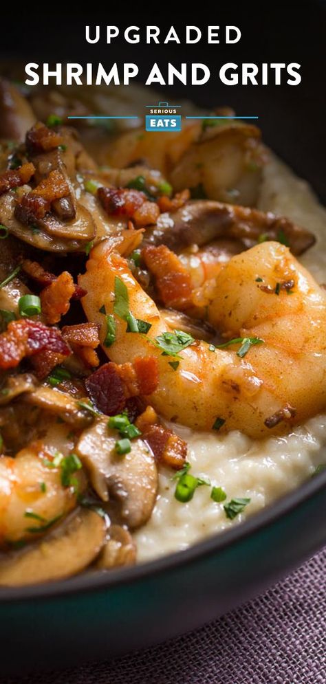 Shrimp And Gruyère Cheese Grits With Bacon And Mushrooms Recipe, Shrimp And Grits With Tasso Ham Gravy, Shrimp And Cheese Grits Recipe, Seafood Buffet Ideas, Grits Recipes, Grits Breakfast, Grits Casserole, Shrimp N Grits Recipe, Creamy Grits