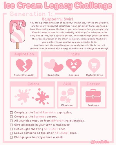 Ice Cream Legacy Challenge 🍨 The Sims 4 BASE GAME Challenge. Challenge created by ME (@becciisiim) Follow me on Instagram: becciisiim Sims 4 Challenge, Sims 4 Cheats Codes, Sims Legacy Challenge, Sims Cheats, Sims 4 Base Game, Legacy Challenge, Sims Challenge, Sims 4 Stories, Sims 4 Cheats