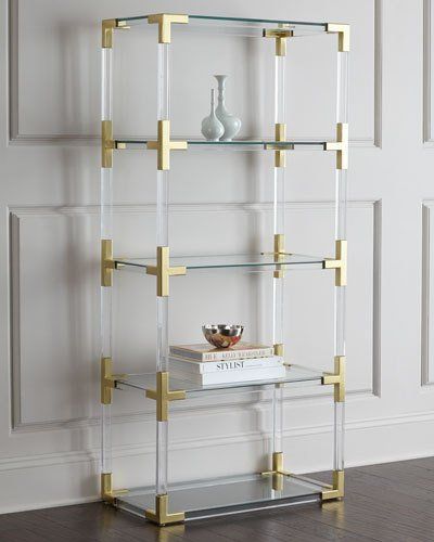 H6YCC Jonathan Adler Jacques Lucite & Brass Etagere Acrylic Bookshelf, Kitchen Glass, Tempered Glass Shelves, Living Room Cabinets, Jonathan Adler, Ikea Hacks, Interior Projects, Chic Furniture, Glass Shelves