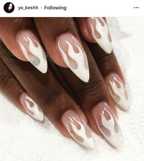 White Flame Nails Almond, White Fire Nail Design, White Flame Nails, Mexican Nails, Champagne Nails, Flame Nails, Flame Nail Art, Nail Pops, Simple Acrylic Nails