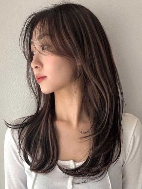 long layered hair with ash brown highlights Asian Hair Trend 2023, Dyed Hair For Brunettes Natural Colors, Chinese Hair Highlights, Dyed Hair Inspiration Natural, Highlights For Dark Brown Hair Asian, Asian Hair Color Ideas Korean Highlights, Natural Hair Color Asian, Trending Short Hairstyles Women 2023, Boba Brown Hair