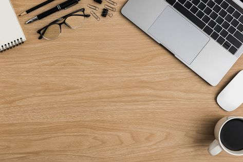 Top view wood office desk table. flat la... | Premium Photo #Freepik #photo #coffee #wood #computer #paper Office Desk Background Design, Desk Birds Eye View, Study Table Top View, Office Table Top View, Computer Desk Top, Focus Wallpaper, Desk Flatlay, Wallpaper Table, Desk Top View