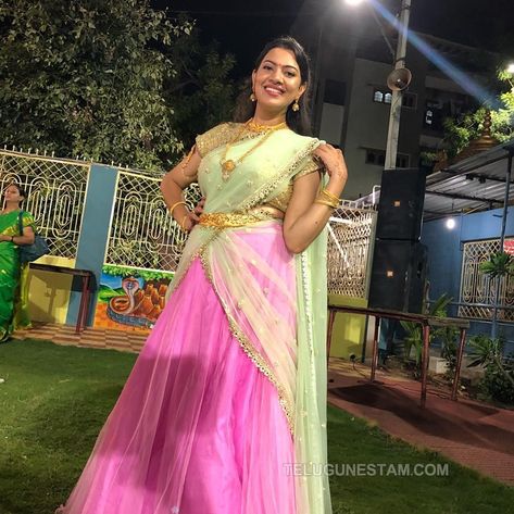 Geetha Madhuri, Pink Half Sarees, Half Sarees, Saree Dress, Half Saree, Pretty Woman, Pastel Colors, Pink Color, Celebrity Style