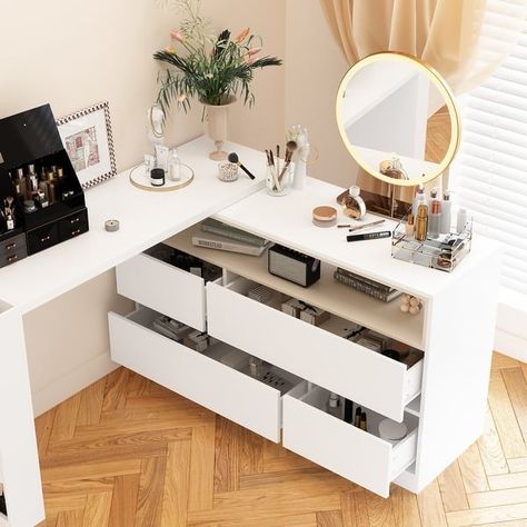 White Makeup Vanity Multi-Purpose Furniture Home Desk Corner Rotating - Overstock - 38242056 Vanity And Work Desk Combo, Desk/vanity Combo, Desk Dresser Combo, Sideboard Bedroom, L Shaped Vanity, Small Bedroom Hacks, Simple Vanity, Small Room Desk, Nyc Rooms