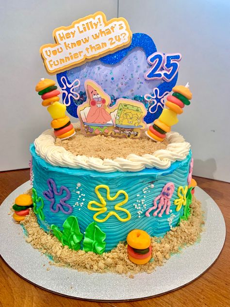 Spongebob 21st Birthday Cake, Diy Spongebob Cake, 25th Birthday Cake For Him, Sponge Bob Cakes, Spongebob 25 Birthday Cake, Spongebob Birthday Cakes, Spongebob 25 Birthday, Spongebob Buttercream Cake, Spongebob Cake Ideas