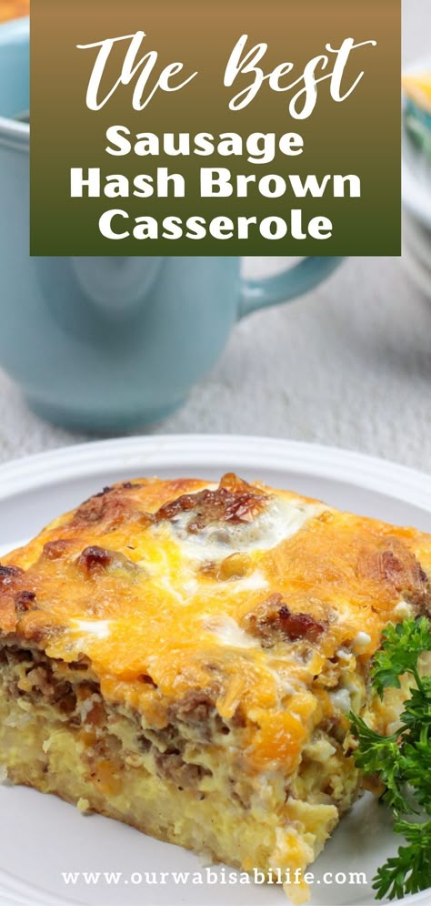 A Sausage Hash Brown Casserole is a savory breakfast dish that is not only flavorful but hearty. This breakfast casserole is full of eggs and sausage and will be a hit at the breakfast table. If you are looking for a breakfast idea for dinner type of dish, this delicious hash brown casserole is the one. View the rest of this recipe from ourwabisabilife.com Hashbrown Sausage Egg Casserole, Egg Hash Brown Casserole, Sausage Hashbrown Casserole, Sausage Hash Brown Casserole, Sausage Egg Bake, Sausage Hashbrown Breakfast Casserole, Sausage Egg Casserole, Hashbrown Casserole Recipe, Sausage Hash