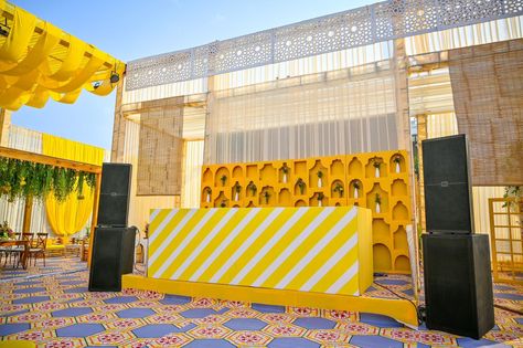 DJ Setup for Haldi Ceremony. Dj Setup Wedding, Dj Booth Design Dj Setup, Wedding Dj Booth, Wedding Dj Setup, Dj Console, Activation Ideas, Indian Destination Wedding, Haldi Decor, Corporate Event Design