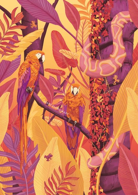 Jungle Art Wallpaper, Tropical Animals Illustration, Colourful Animal Art, Jungle Pattern Design, Tropical Illustration Graphics, Jungle Art Painting, Jungle Animals Illustration, Tropical Jungle Illustration, Rainforest Illustration