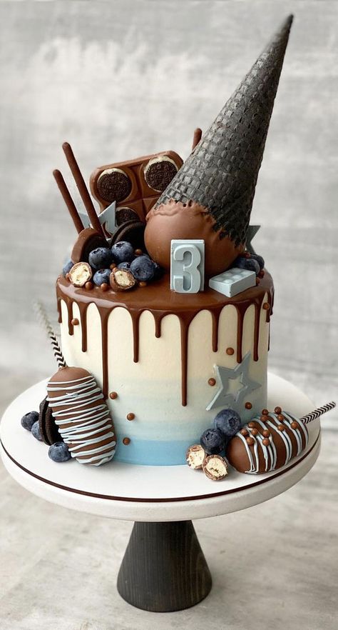 Chocolate Theme Cake, Grey Cake Ideas, Light Blue Birthday Cake, 1st Birthday Cake Boy, Chocolate Drip Cake Birthday, Purple Icing, Grey Cake, Birthday Cake Images, 72nd Birthday