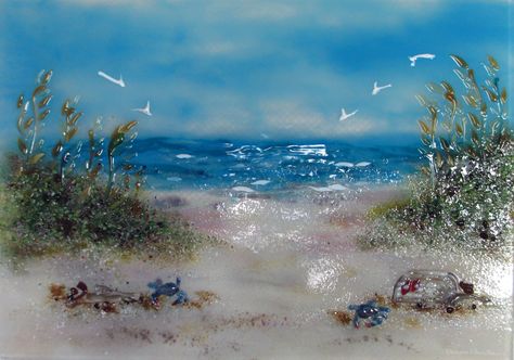 Custom kitchen backsplash in fused glass with beach motif.  Blue crabs in traps make this extra special. Fused Glass Beach Scene, Fused Glass Sunset, Fuse Glass Ideas, Diy Resin Wall Art, Fused Glass Beach, Glass Resin Art, Frit Painting, Glass Landscape, Landscape Glass