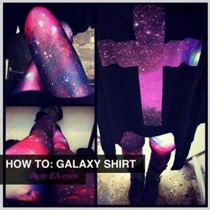 How to Make a Galaxy Shirt (or Leggings) Oil Spill Outfit, Galaxy Clothes Aesthetic, Galaxy Outfit Aesthetic, Galaxy Leggings Outfit, Galaxy Clothes, Galaxy Cross, Galaxy Outfit, Galaxy Shirt, Galaxy Leggings