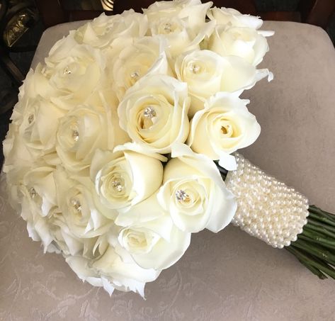 White Roses, Diamond Pins and Pearls Fresh Rose Bridal Bouquet, White Roses With Pearls Bouquet, Pearl Wrapped Bouquet, Pearl Bride Bouquet, Wedding Bouquets With Pearls, Wedding Flower Bouquets Bridal White Roses, Bride Flower Bouquet White Rose, White Elegant Wedding Bouquet, Wedding Bouquets Pearls