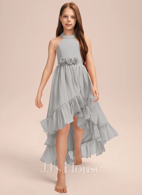 A-line Halter Asymmetrical Chiffon Junior Bridesmaid Dress With Flower Cascading Ruffles (009268373) Junior Bridesmaid Dress, Party Dresses Online, Cascading Ruffles, Junior Bridesmaid Dresses, Junior Bridesmaid, Girls Party Dress, Girls Party, Custom Dresses, Dress Pattern