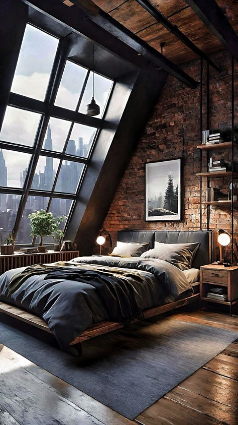 Moody Loft Apartment, Gentleman Bedroom, Moody Loft, Cozy Bedroom Design, Magical Home, Minimalist Bedroom Design, House Aesthetic, Master Room, Wallpaper Photos