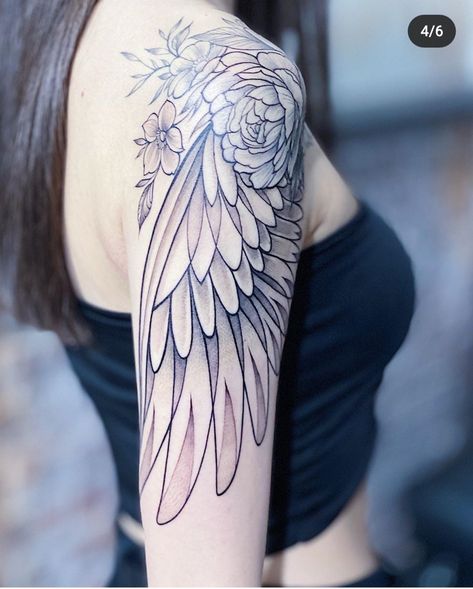 Wing Sleeve Tattoos For Women, Flower And Wings Tattoo, Wings Made Of Flowers Tattoo, Wing On Arm Tattoo, Feminine Wing Tattoo, Raven Wing Tattoo Feminine, Angel Wing Flower Tattoo, Floral Angel Wings Tattoo, Flower With Wings Tattoo