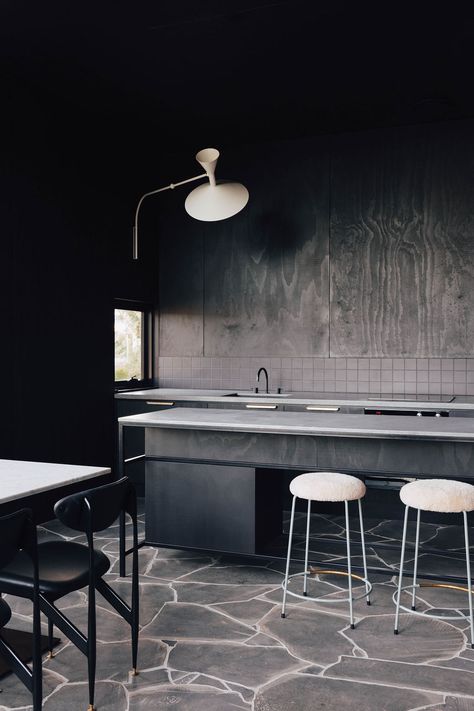 YinjiSpace - Hearth Studio x Slow Beam Dark Stained Plywood Walls, Black Plywood Wall, Black Plywood Kitchen, Stained Plywood Walls, Black Stained Plywood, Bluestone Floor, Black Plywood, Stained Plywood, Stone Paving