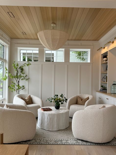 Everything about this cozy sitting room space is absolutely breathtaking...from the board and batten creamy white walls, the unique windows, the oak paneling on the ceiling, the wall of built-ins, we couldn't love it more! To top it off, the room is styled to perfection and is surely a space that you would want to spend endless amounts of time in!


New Construction | Home Trends 2024 | Home Design | Minnesota Home Trends Multiple Sitting Areas In Living Room, Chair In Front Of Tv, Sunroom Sitting Area, Living Room With 2 Seating Areas, Four Chair Conversation Area, Sitting Area In Living Room Ideas, Conversation Seating Area, Coffee Sitting Area, Round Seating Area