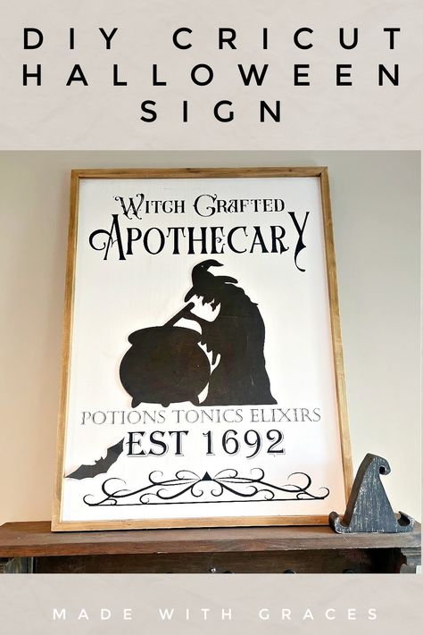 DIY-Halloween-Witch-Sign-Made-With-Graces Diy Halloween Witch, Beginner Cricut, Indoor Porch, Witch Signs, Foam Paint, Cricut Halloween, Decor On A Budget, Diy Cricut, Different Fonts