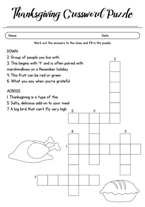 Printable Thanksgiving Crossword Puzzles for Kids Thanksgiving Crossword Puzzle, Crossword Puzzles For Kids, Kids Crossword Puzzles, Thanksgiving Crossword, Afterschool Program, November Holidays, Thanksgiving Worksheets, Free Thanksgiving Printables, Learning Sight Words