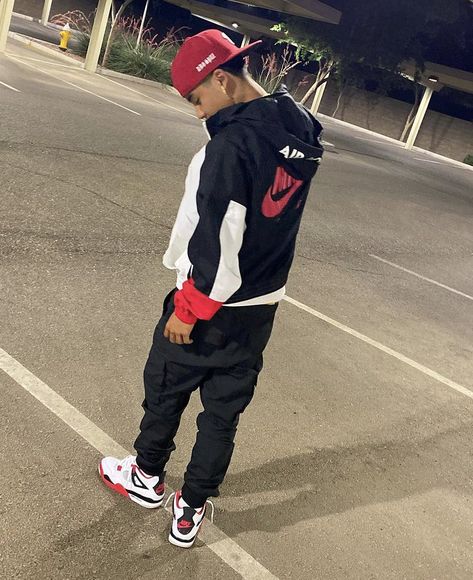 Carmine 6s Outfit Men, Red Hat Outfit, Black Saints, Estilo Cholo, Guys Fits, Streetwear Male, Teen Boy Outfits, Black Men Street Fashion, Swag Outfits Men