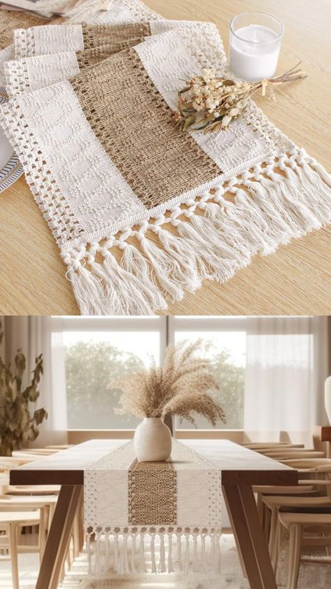 Transform your fall gatherings with our stunning **72-Inch Boho Table Runner** featuring beautiful tassels! 🌾✨ Crafted from cream and brown macrame burlap, this rustic piece adds the perfect touch of bohemian charm to any table setting. Whether you’re hosting a cozy dinner or a festive celebration, this table runner will elevate your decor. Check it out and bring a touch of warmth to your home this season! 🍂💛 #BohoTableRunner #FallDecor #RusticStyle #HomeDecor Table Runner Macrame, Cozy Inspiration, Runner Macrame, Brown Macrame, Thanksgiving Table Runner, Boho Table Runner, Boho Table, Rustic Fall Decor, Cozy Dinner