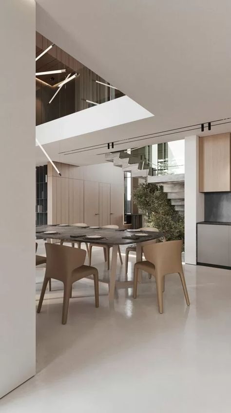 CONTEMPORARY ART - NK Double Height Dining Room Modern, Double Height Dining Area, Dining Area Double Height, Minimalist Double Height Living Room, Double Height Dining Room, Minimal Dining, Diner Table, Minimalist Dining Room, Dining Room Contemporary