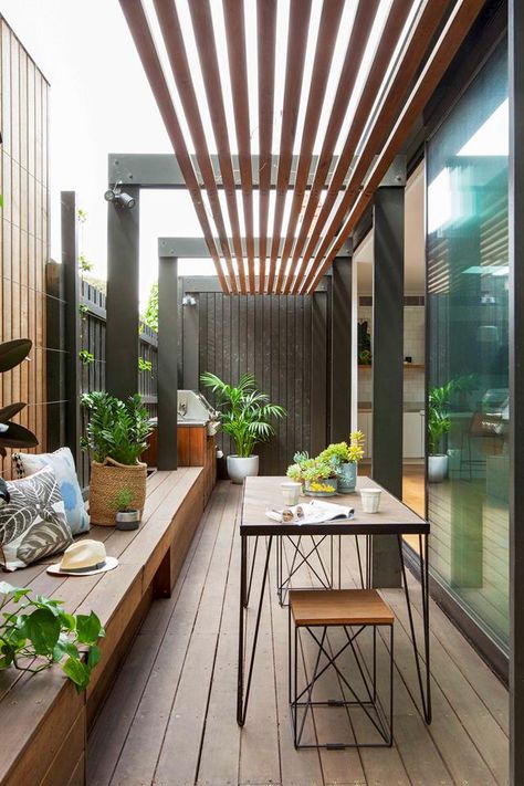 narrow courtyard, dining area in renovation with timber decking and shade. Narrow Patio Ideas, Narrow Garden, Side Yard Landscaping, Small Courtyard Gardens, Courtyard Design, Small Deck Decorating Ideas, Modern Extension, Edwardian House, Small Courtyards