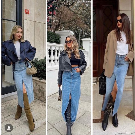 High Waist Jean Skirt Outfit, Maxi Denim Skirt Outfit Fall, Long Denim Skirt With Boots, Jean Skirt And Sneakers Outfit, Mid Length Denim Skirt Outfit, Denim Midi Skirt Outfit Fall, Blue Jean Skirt Outfit, Denim Skirt With Boots, Long Denim Skirt Outfit Street Styles