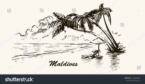 Maldives Illustration, Maldives Drawing, Beach With Palm Trees, Retro Frame, Insta Highlights, Maldives Island, Drawing Easy, New Pictures, Royalty Free Photos