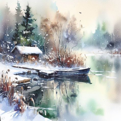 Image Creator Eugenia Gorbacheva, Aquarelle Painting, Watercolor Art Diy, Watercolor Art Landscape, Winter Landscape Painting, Watercolor Art Paintings, Winter Watercolor, Snowy Landscape, Winter Painting