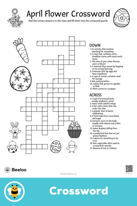 Advanced springtime easter-themed crossword puzzle for kids ages 9 and up Easter Crossword, April Flower, Lunch Items, Crafts And Activities For Kids, Easter Printable, Puzzle For Kids, April Flowers, Free Printable Activities, Easter Printables