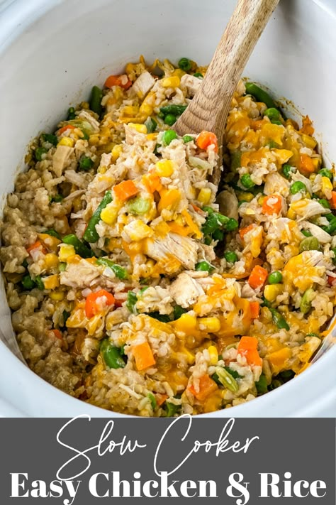 This Crockpot Chicken and Rice is the perfect one-pot meal for weeknight dinners. Simply dump your ingredients in the slow cooker and let it do the work. This dish has chicken, brown rice, veggies, and cheese. Chicken And White Rice Recipes, Cheesy Crockpot Chicken, Crockpot Rice Recipes, Slow Cooker Chicken Rice, Crockpot Chicken And Rice, Chicken And Rice Crockpot, Chicken And Veggie Recipes, Crockpot Veggies, Easy Crockpot Recipes Healthy