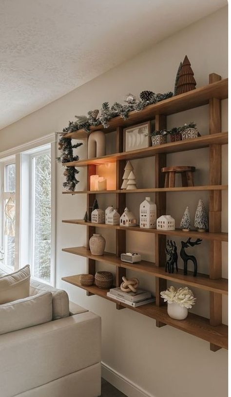 Wood Shelf Ideas Living Room, Burrow Index Wall Shelf, Wall Mounted Hutch, Shelf Wall Living Room, Hanging Shelves Living Room, Long Wall Decorating Ideas, Carpenter Projects, Wall Bookshelf Ideas, Wall Shelves Living Room