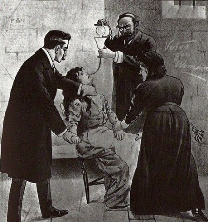 An illustration which shows the readers of the newpaper how the process of force feeding was carried out. Women who were subjected to this action described it as being violated and brutal. A tube was forced down the woman's nasal passage to her stomach and liquidised food or broth (not heated) was poured down it via a funnel. The Suffragettes, Alice Paul, Emmeline Pankhurst, Force Feeding, Creepy History, Suffrage Movement, Hunger Strike, Humor Videos, Retro Advertising