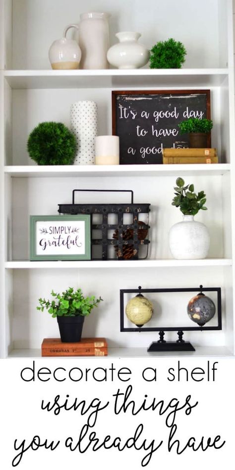 Decorating Bookshelves with 3 Key Items (you probably already have!) Living Room Bookshelves, Bookshelf Styling Living Room, Farmhouse Bookshelf, Farmhouse Shelves Decor, Styling Bookshelves, Billy Bookcases, Bookshelf Inspiration, Shelf Decor Living Room, Decorating Bookshelves