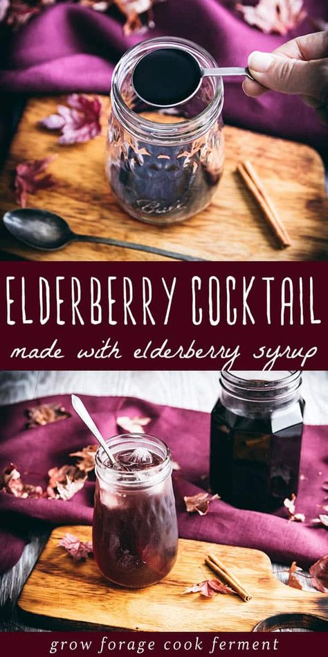 This elderberry cocktail recipe is a festive and delicious way to celebrate fall! Made with elderberry syrup, it even has some health benefits as well. It's the perfect foraged holiday cocktail! Elderberry Cocktail, Elderberry Syrup Recipe, Homemade Elderberry, Elderberry Recipes, Cocktail Names, Homemade Soda, Cocktail Syrups, Soda Recipe, Herbal Drinks