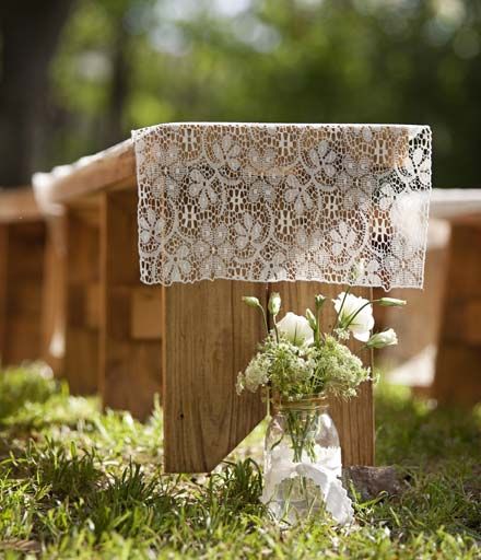 Outdoor Ceremony Seating, Wedding Bench, Farm Wedding Ceremony, Wedding Ceremony Seating, Barn Party, Wooden Benches, Wedding Ceremony Ideas, Lace Runner, Ceremony Seating