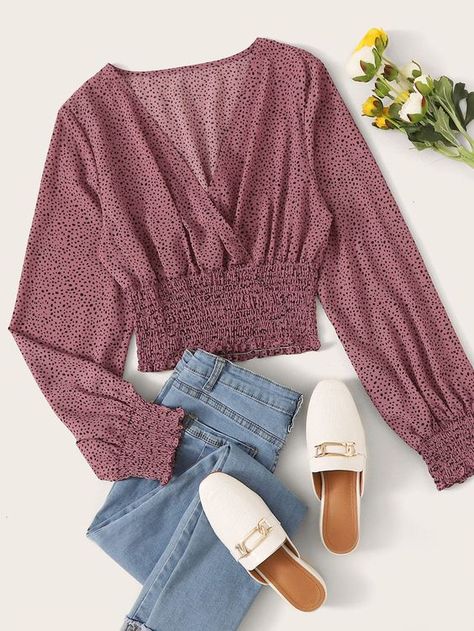 Dusty Pink Casual Long Sleeve Polyester All Over Print Top Embellished Non-Stretch Spring/Fall Women Tops, Blouses & Tee Top Shein, Ootd Ideas, Trendy Fashion Tops, Girls Fashion Clothes, Mode Inspiration, Sewing Clothes, Fashion Tops, Printed Blouse, Diy Sewing