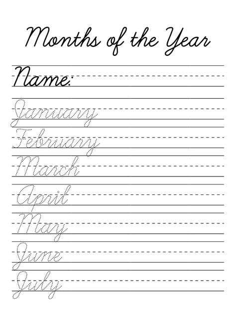 12 Months Of The Year Cursive Handwriting Worksheets! E89 Days Of The Week Cursive Handwriting, Cursive Days Of The Week, Tracing Cursive Letters, Letters In Cursive, Cursive Alphabet Printable, Cursive Handwriting Sheets, Cursive Writing Book, Cursive Tracing, Cursive Practice Sheets