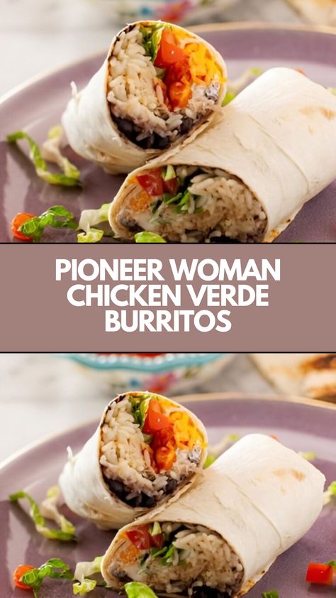 This easy Chicken Verde Burritos recipe is a quick and delicious meal perfect for busy nights. Made with tender chicken, spicy salsa verde, and simple ingredients like rice and beans, it’s packed with flavor. You can customize it with your favorite toppings, making it a flexible and family-friendly dinner option! Simple Chicken Burritos, Pioneer Woman Salsa Verde Chicken, Chicken Verde Burritos, Pioneer Woman Salsa, Spicy Salsa Verde, Chicken Ramen Noodle Recipes, Pioneer Kitchen, Pioneer Woman Chicken, Chicken Verde