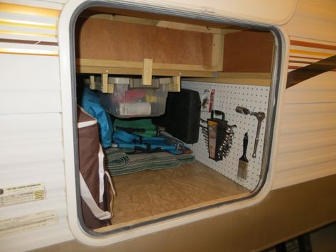 IMG_2347 Camper Storage Ideas Travel Trailers, Rv Storage Organization, Camper Organization Travel Trailers, Rv Storage Solutions, Travel Trailer Organization, Rv Remodeling, Trailer Organization, Camper Reno, Camp Trailer