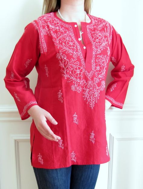 Indian Tops, Cotton Tunic Tops, Long Gown Design, Tunic Styles, Embroidery Fashion, Long Gown, Neck Designs, Tunic Tops, What To Wear