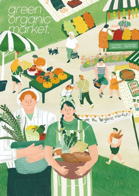 Green Market, 귀여운 음식 그림, Illustrator Art, 캐릭터 드로잉, People Illustration, Illustrations And Posters, Editorial Illustration, Food Illustrations, Picture Design