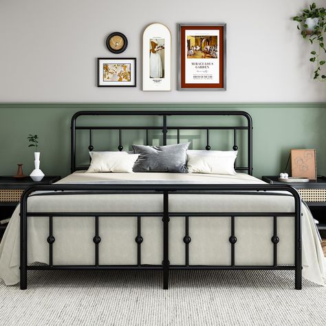 PRICES MAY VARY. 【Victorian & Classic Style】: The black metal bed frame king features a classic victorian style, complete with a vintage design headboard. The king bed frame is suitable for any decor. 【Sturdy & Noise Free】: The king metal bed frame is made of iron metal for load bearing capacity of 1000 lbs. The 12 metal slats is linked together in the most stable structure to reduce noise. Additional pads of each foot will reduce damage to the floor. 【Round Design】: To reduce your concerns abou King Size Metal Bed Frame, Backboards For Beds, Black Iron Beds, Iron Metal Bed, Queen Size Metal Bed Frame, Wrought Iron Bed Frames, Vintage Headboard, Iron Headboard, Simple Bed Frame