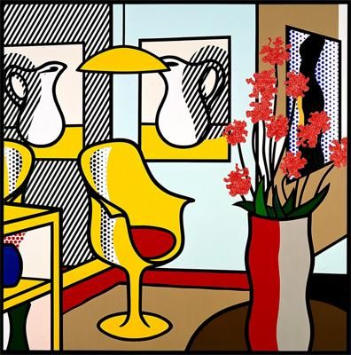 Interior With Yellow Chair  Roy Litchenstein  1993 Roy Lichtenstein Art, Roy Lichtenstein Pop Art, Lichtenstein Pop Art, Industrial Paintings, Claes Oldenburg, Yellow Chair, Robert Rauschenberg, Jasper Johns, Power Pop